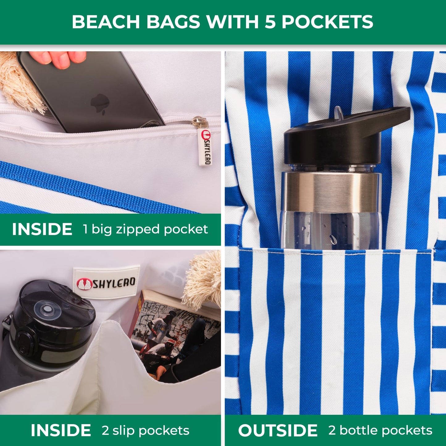 SHYLERO Beach Bag and Pool Bag. Has Airtight Pouch, Key Holder. Beach Tote is Zippered, Waterproof (IP64) - L22xH15xW6