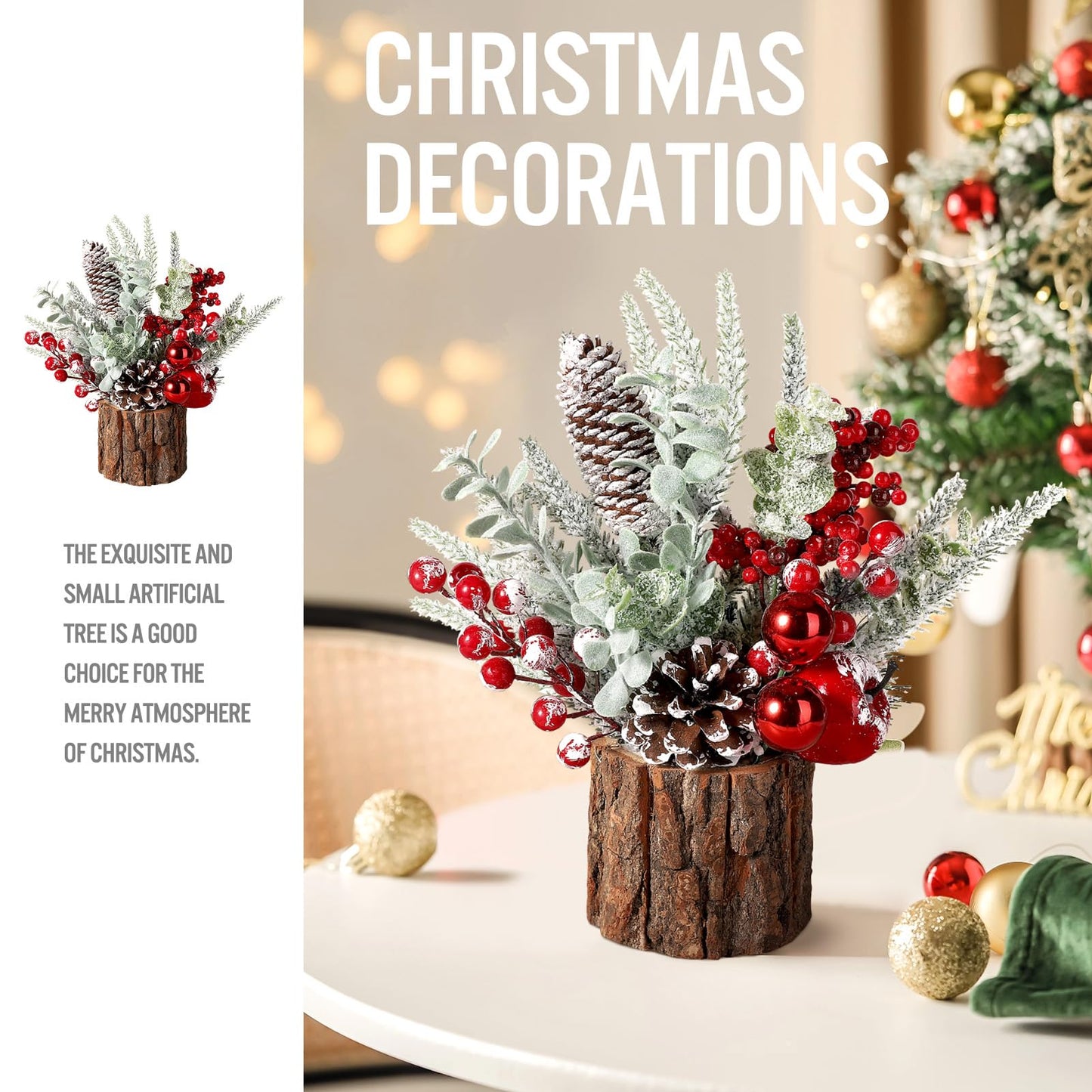 Hatisan Small Tabletop Christmas Tree with Ornaments, Pine Cones, and Berries - For Home Decor