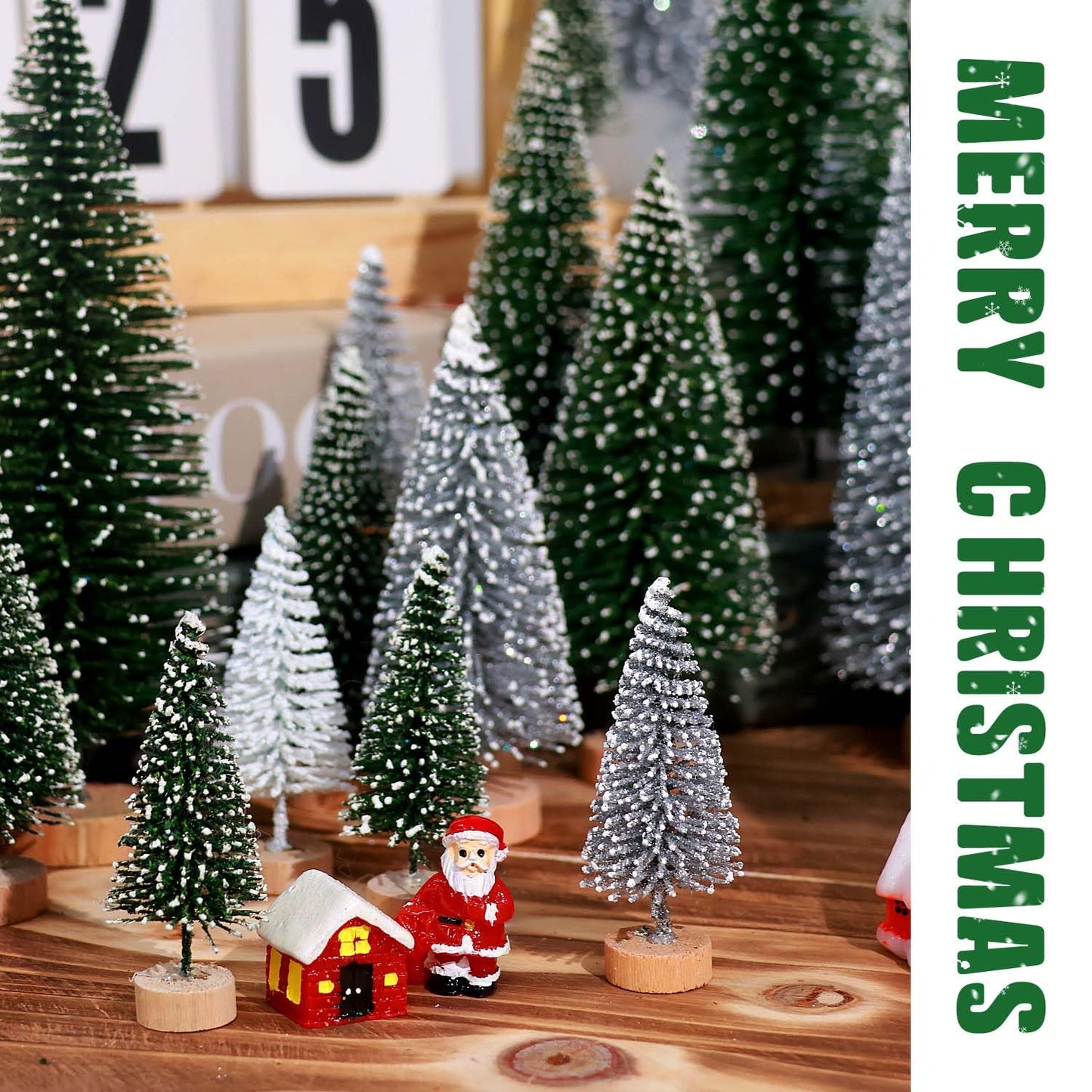 30Pcs Mini Christmas Trees Artificial Christmas Tree Bottle Brush Trees with Wooden Base for Christmas Decor Christmas Party Home Table Craft Decorations(Green+Silver+White)