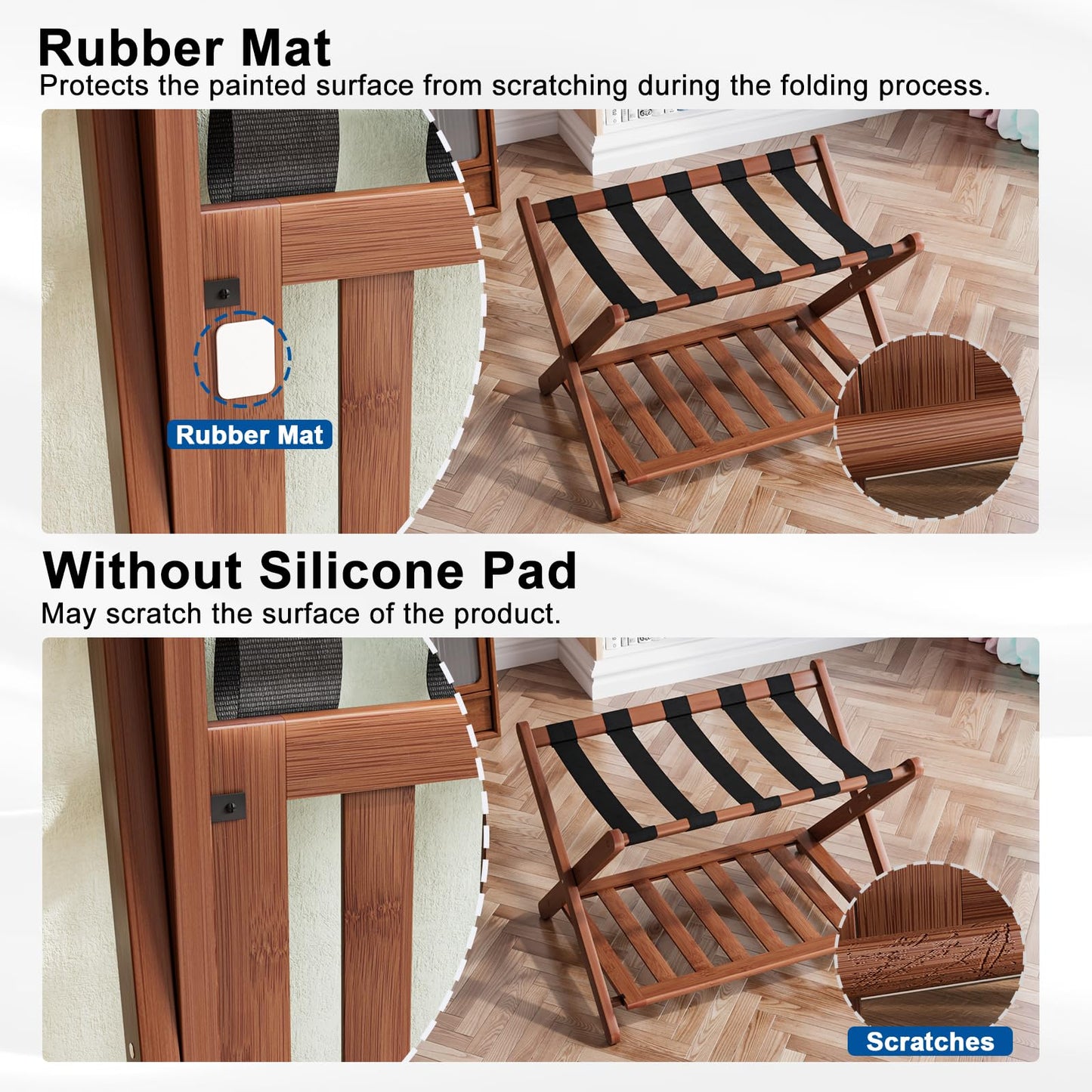 Smuxee Fully Assembled Walnut Luggage Rack, Upgraded Bamboo Foldable Suitcase Stand with 5 Nylon Straps, Luggage Holder with Shelf for Guest Room Bedroom Hotel