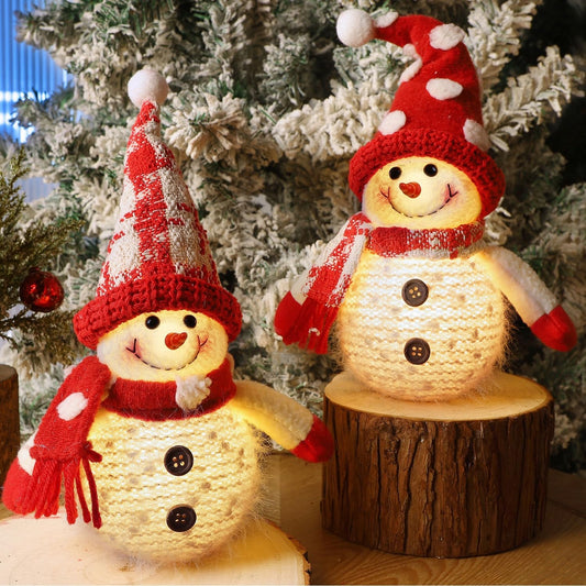 Juegoal 2 Pack Christmas Table Decorations, 10 Inch Lighted Plush Snowmen Figurines, Light Up Snowman Holiday Present, Battery Operated Xmas Gifts Tabletop Ornaments Dinner Party Supplies, Red Brim