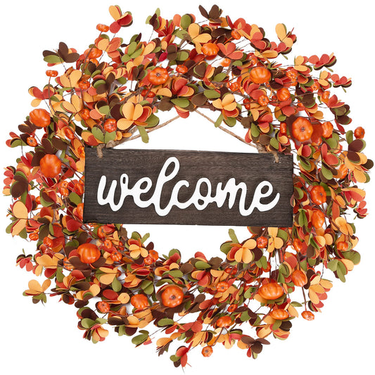 Sggvecsy Fall Wreath 20'' Autumn Front Door Harvest with Small Pumpkin Berry Round Leaves Decorations for Outside Indoor Wall Window Festival Thanksgiving Decor(Orange)