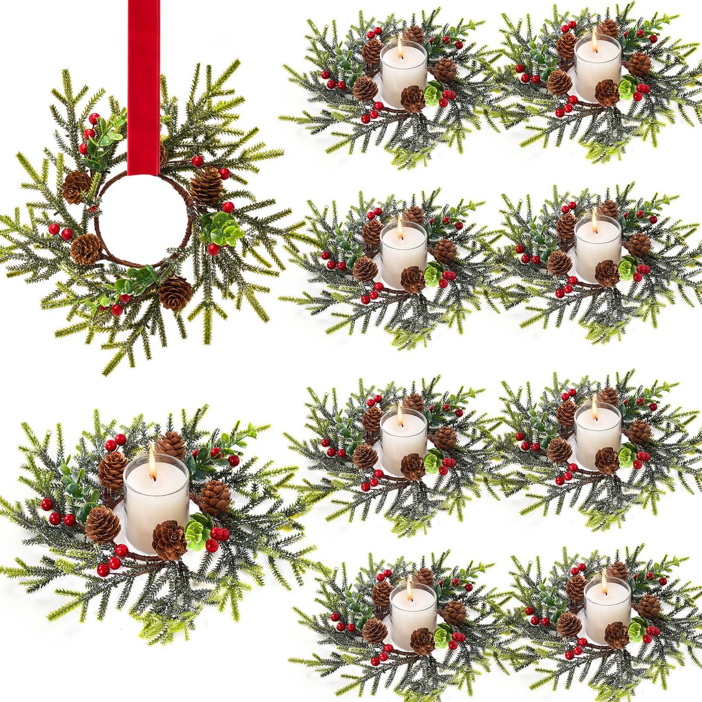 Mini Small Christmas Wreaths for Kitchen Cabinets-8pcs Christmas Candle Rings- Frosted Cedar Christmas Candle Rings Wreaths for Pillars/Window/Chair Wall-Christmas Table Centerpieces Decorations