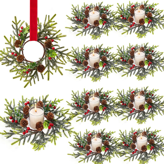 Mini Small Christmas Wreaths for Kitchen Cabinets-8pcs Christmas Candle Rings- Frosted Cedar Christmas Candle Rings Wreaths for Pillars/Window/Chair Wall-Christmas Table Centerpieces Decorations