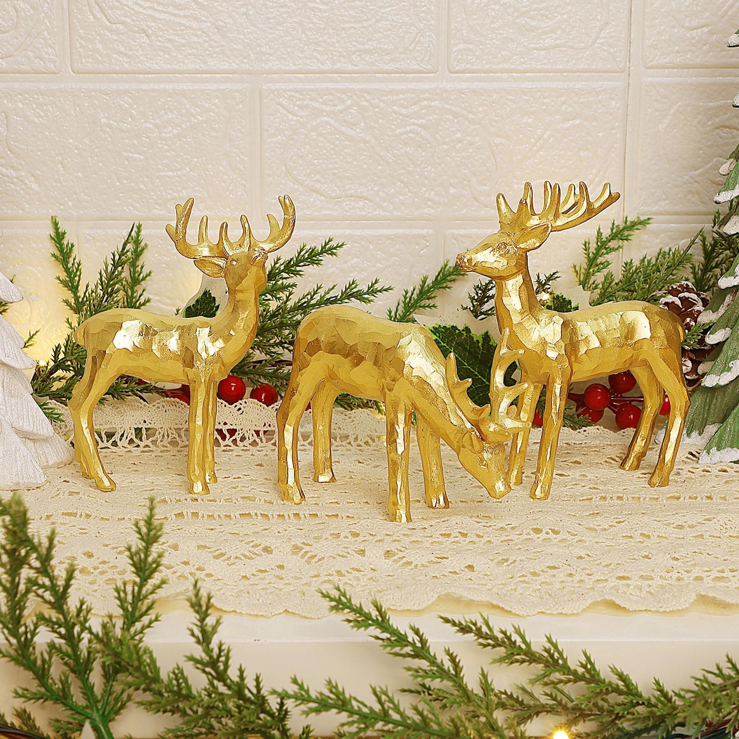 Lulu Home 3 PCS Christmas Tabletop Decorations, Resin Golden Reindeer Family Figurines with Diverse Postures, Xmas Holiday Winter Centerpieces Ornaments for Mantel Shelf Sill Home Office Decor