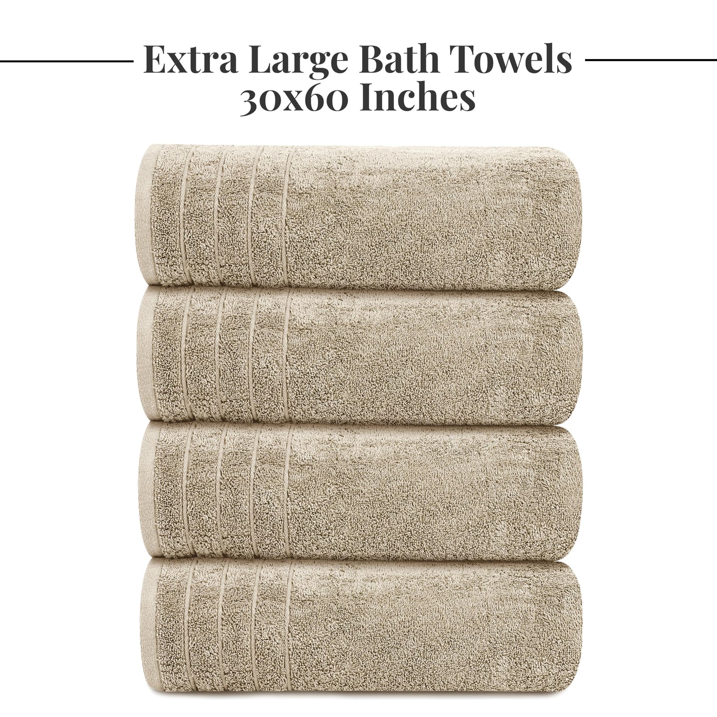 Tens Towels Large Bath Towels, 100% Cotton, 30 x 60 Inches Extra Large Bath Towels, Lighter Weight, Quicker to Dry, Super Absorbent, Perfect Bathroom Towels (Pack of 4, Beige)