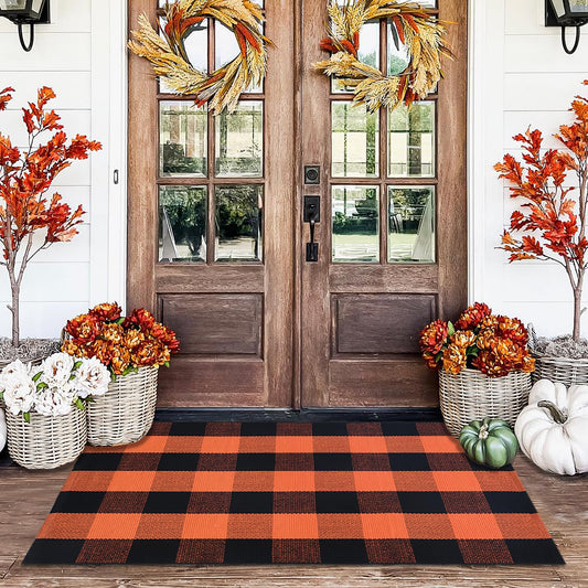 Orange and Black Plaid Rug, 28" x 43" Fall Outdoor Front Door Decor Mat, Cotton Washable Hand-Woven Rug for Layered Doormat, Autumn Halloween Thanksgiving Carpet for Porch, Entryway