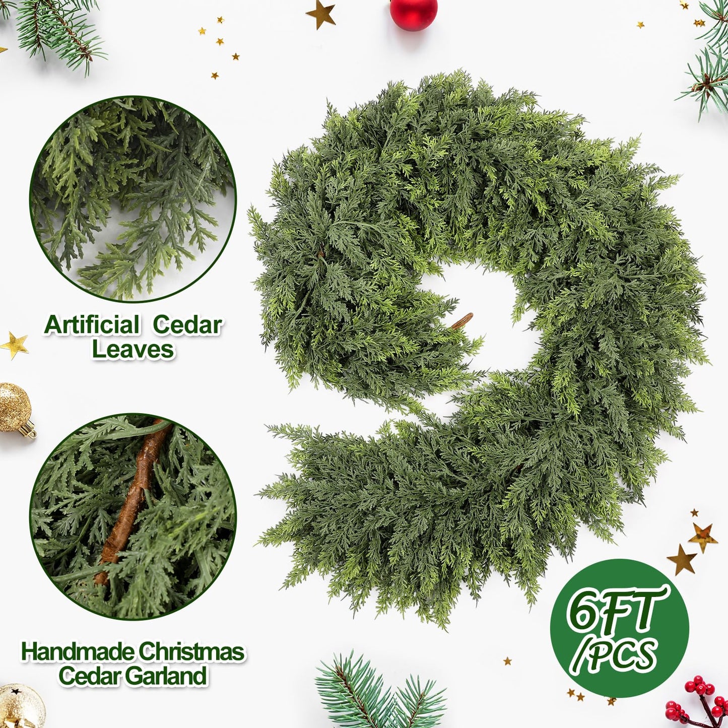 Waydress 1 Pcs 6ft Christmas Cedar Garland Artificial Green Cedar Garland Faux Cedar Pine Needles Garland for Home Fireplace Indoor Outdoor Holiday Party Decoration
