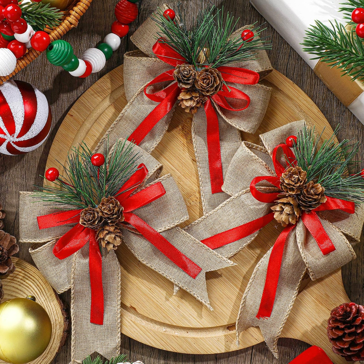 Moucuny 6 Pcs Christmas Burlap Bow with Pine Cones Pine Needles Xmas Burlap Ribbon Bow Christmas Tree Decoration Bows for Christmas Parties Indoor Outdoor Crafts DIY Decor