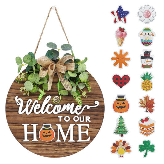 Interchangeable Seasonal Welcome Sign Front Door Decoration, Rustic Round Wood Wreaths Wall Hanging Outdoor, Farmhouse, Porch, for Spring Summer Fall All Seasons Holiday Halloween Christmas.