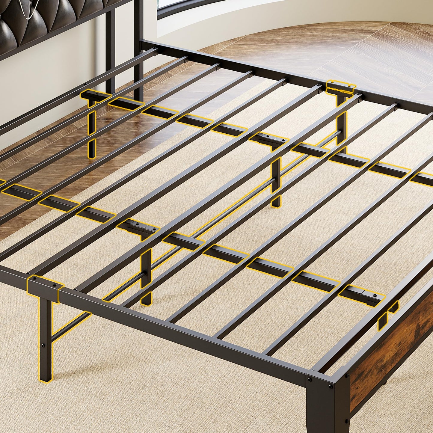 ANCTOR King Bed Frame, Storage Headboard with Outlets, Easy to Install, Sturdy and Stable, No Noise, No Box Springs Needed, Rustic Brown and Black