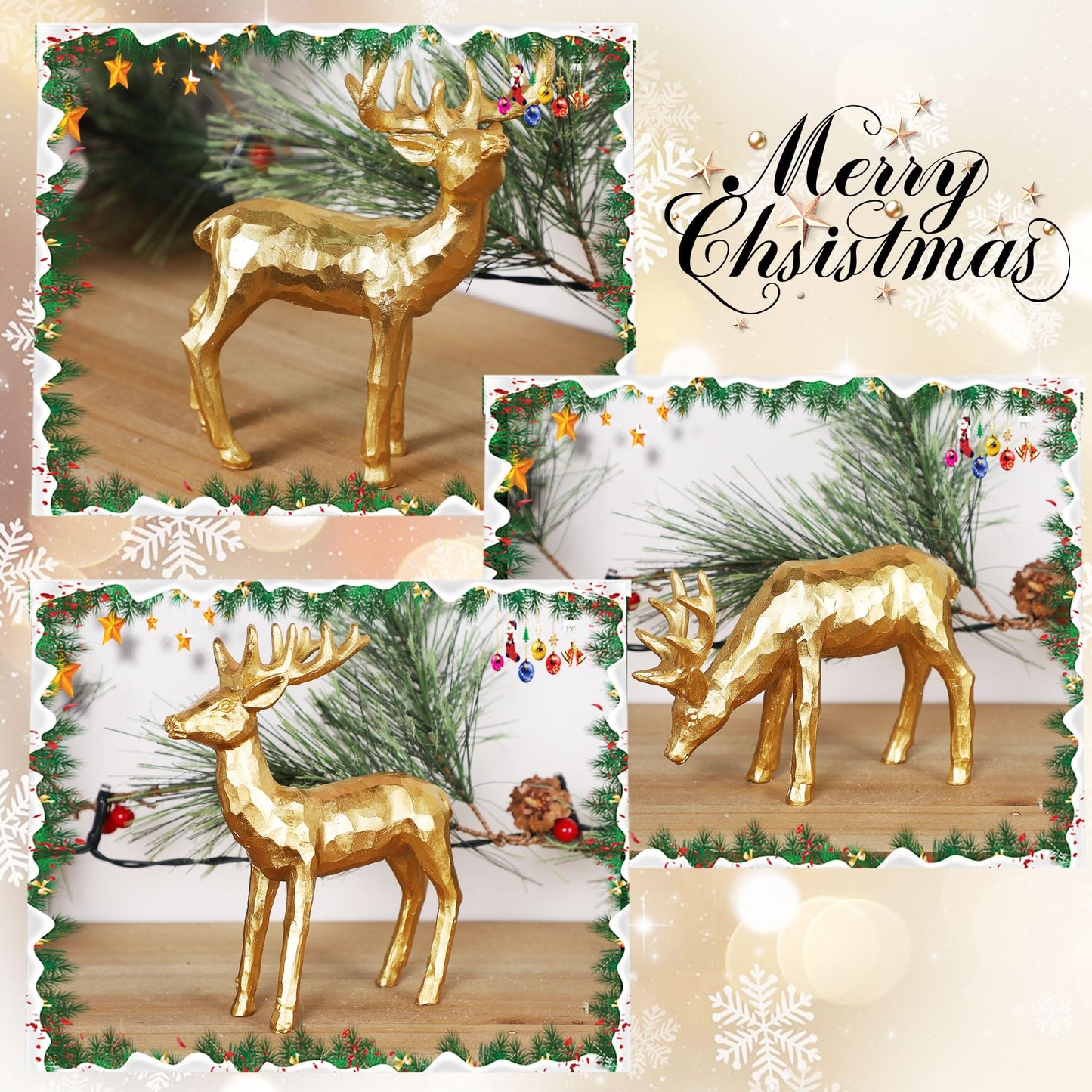 Lulu Home 3 PCS Christmas Tabletop Decorations, Resin Golden Reindeer Family Figurines with Diverse Postures, Xmas Holiday Winter Centerpieces Ornaments for Mantel Shelf Sill Home Office Decor