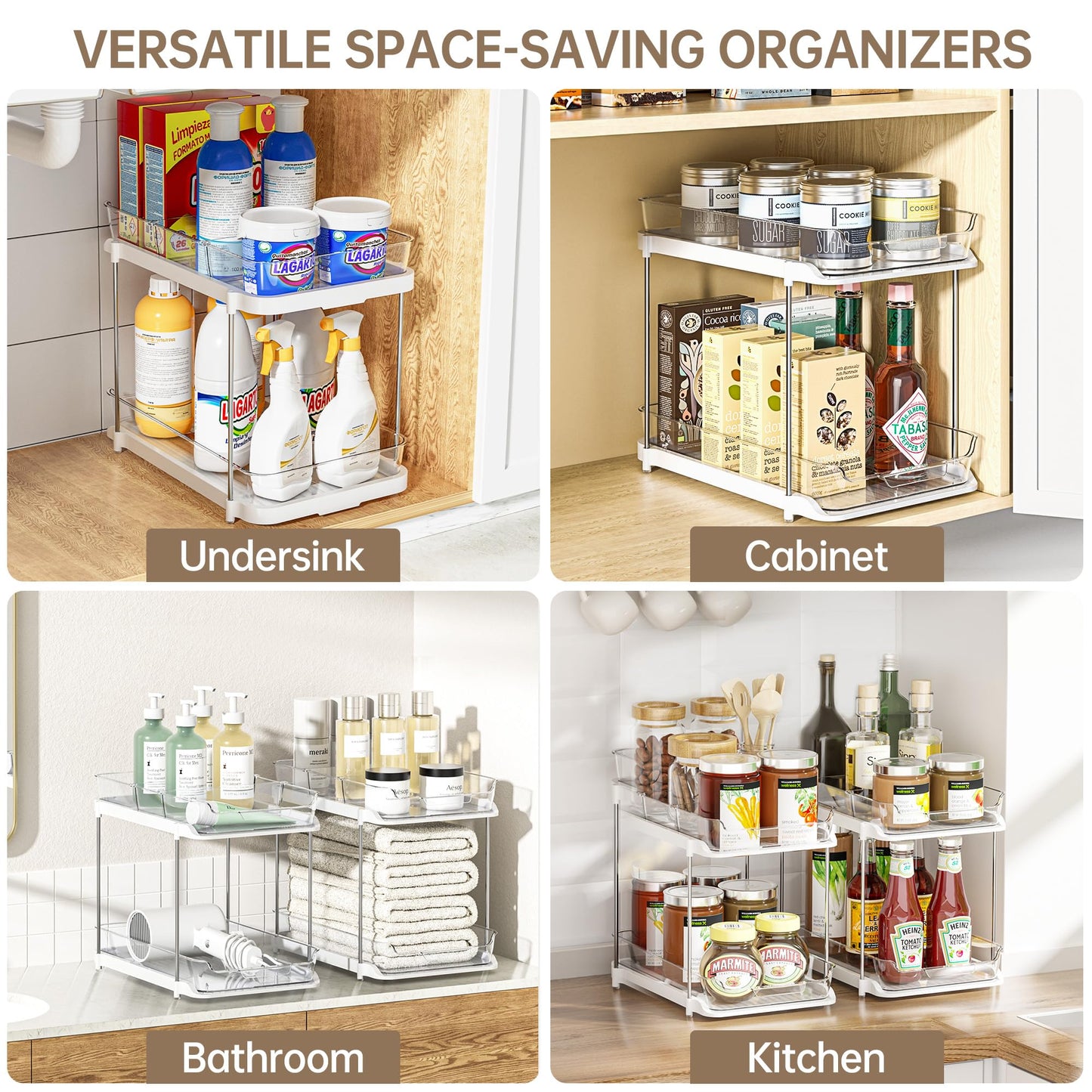 Delamu 2-Tier Multi-Purpose Bathroom Cabinet Organizer, Pull Out Under Sink Organizers and Storage, Stackable Pantry Organization and Storage, Clear Under Cabinet Storage with Movable Dividers