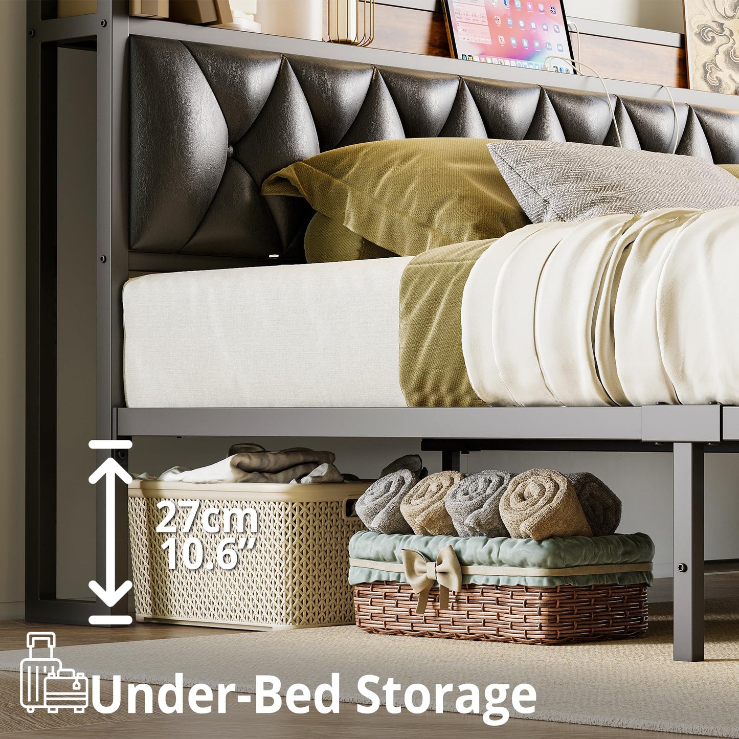 ANCTOR King Bed Frame, Storage Headboard with Outlets, Easy to Install, Sturdy and Stable, No Noise, No Box Springs Needed, Rustic Brown and Black