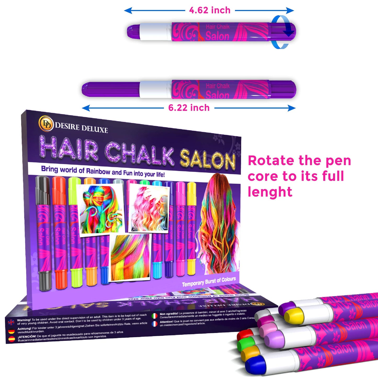 Desire Deluxe Hair Chalk for Girls Makeup Kit of 10 Temporary Colour Pens Gifts, Great Toy for Kids Age 5 6 7 8 9 10 11 12 13 Years Old, "Blue,Green,Grey,Pink,Purple