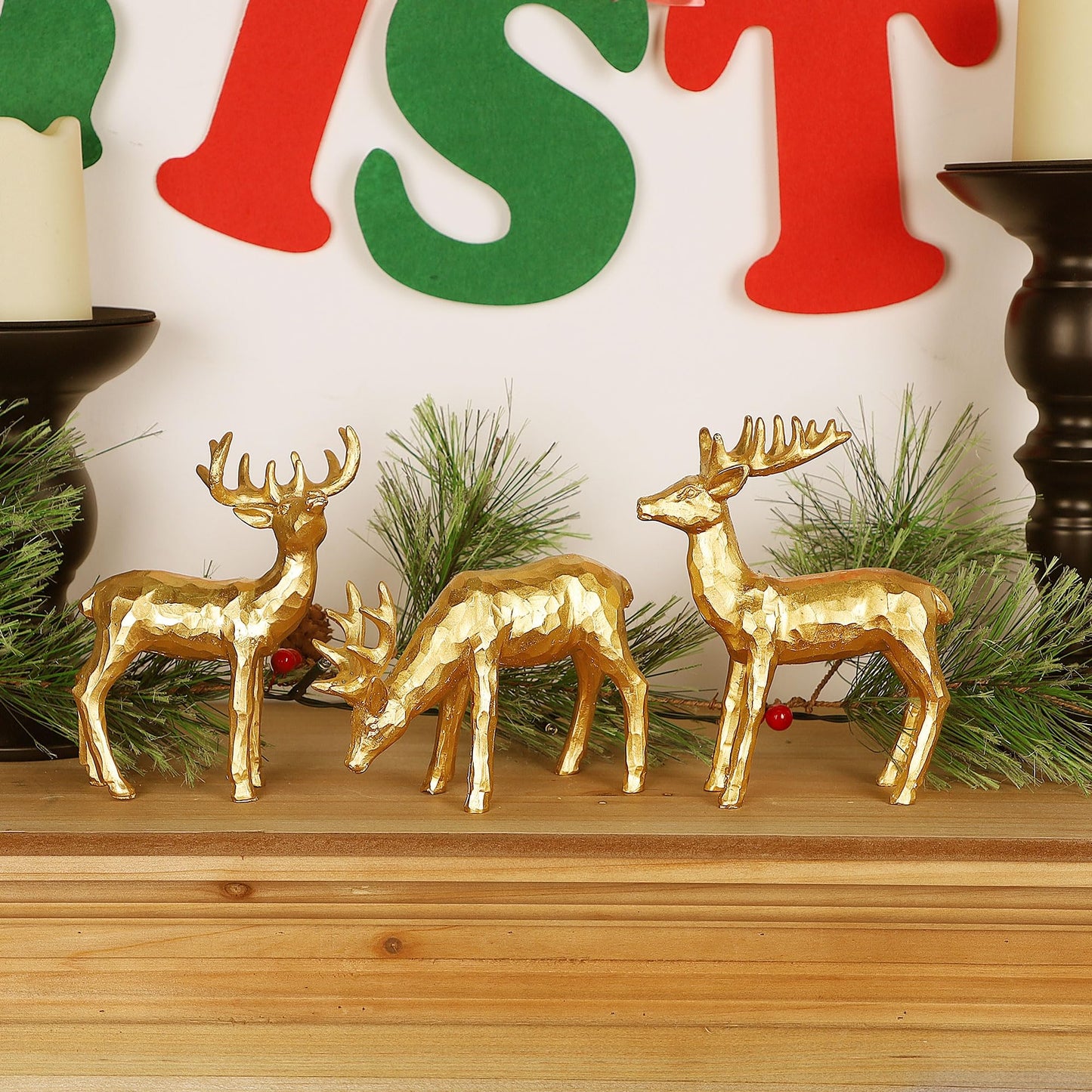 Lulu Home 3 PCS Christmas Tabletop Decorations, Resin Golden Reindeer Family Figurines with Diverse Postures, Xmas Holiday Winter Centerpieces Ornaments for Mantel Shelf Sill Home Office Decor