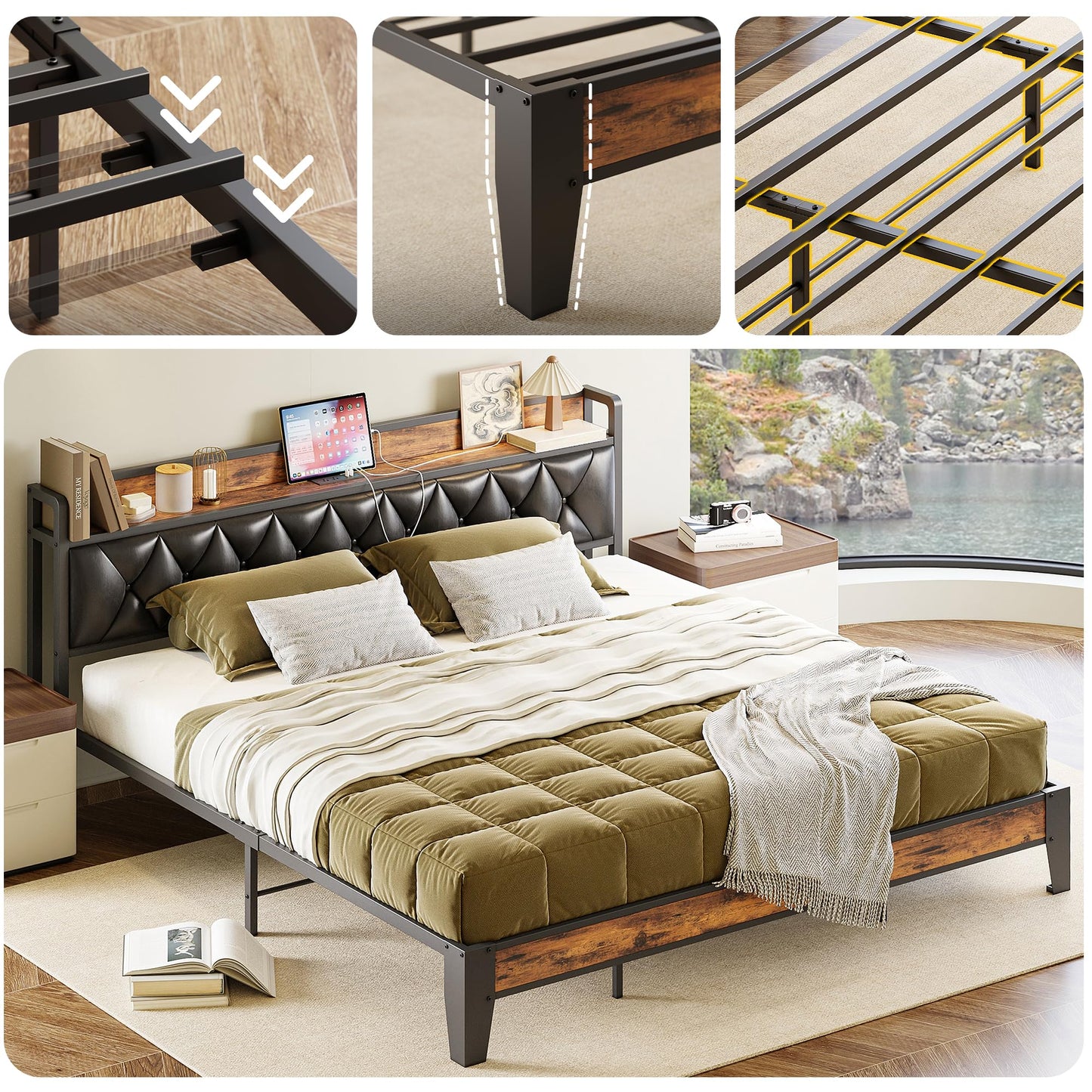 ANCTOR King Bed Frame, Storage Headboard with Outlets, Easy to Install, Sturdy and Stable, No Noise, No Box Springs Needed, Rustic Brown and Black