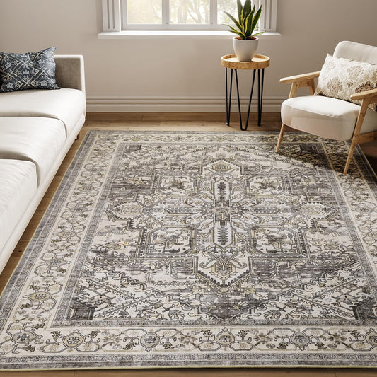 WITSHOCK Area Rugs 8x10 Machine Washable, Boho Rug for Living Room Bedroom, Ultra-Soft Non-Slip Stain Resistant Vintage Rugs for for Kitchen Dining Room Office Home Decor, Brown-Lvory