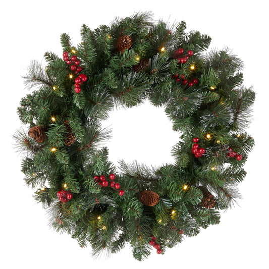 National Tree Company Pre-Lit Artificial Christmas Wreath, Green, Crestwood Spruce, White Lights, Decorated with Pine Cones, Berry Clusters, Frosted Branches, Christmas Collection, 24 Inches