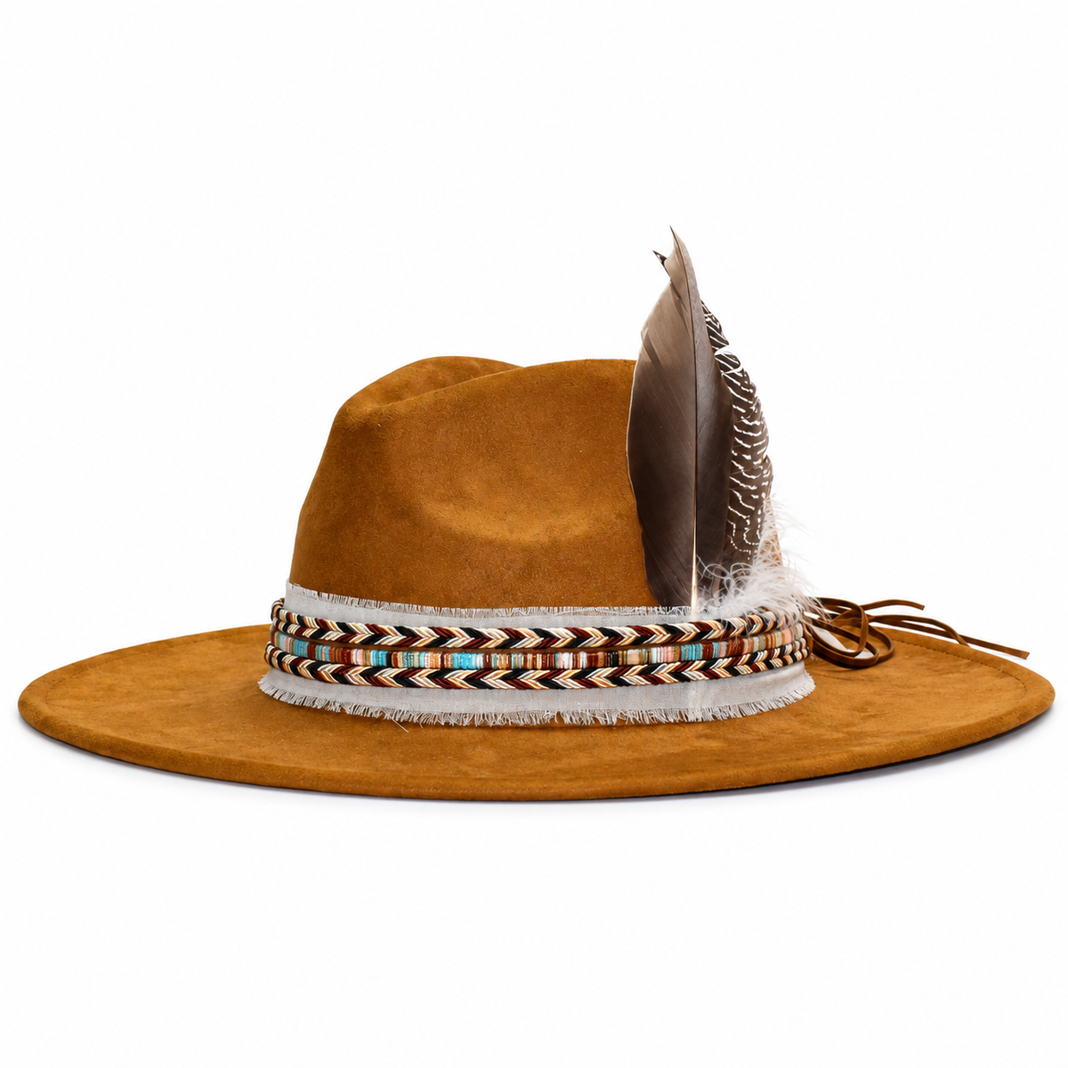 Khaki western hat with ribbon, feathers and western band on white background