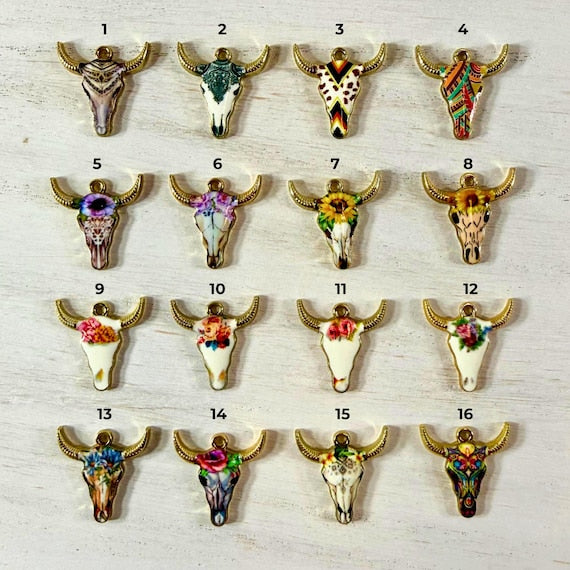 Floral bull skull western hat charms