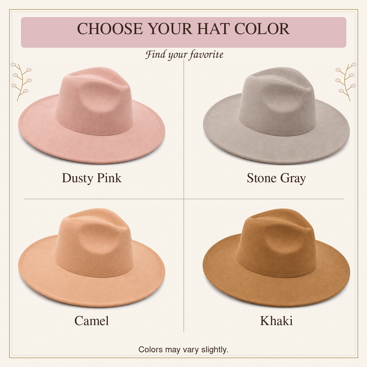 Four hat colors: dusty pink, stone gray, light tan camel and darker golden brown khaki