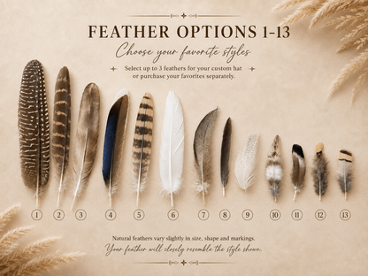 Feather options 1 through 13 for custom western hats or separate purchase