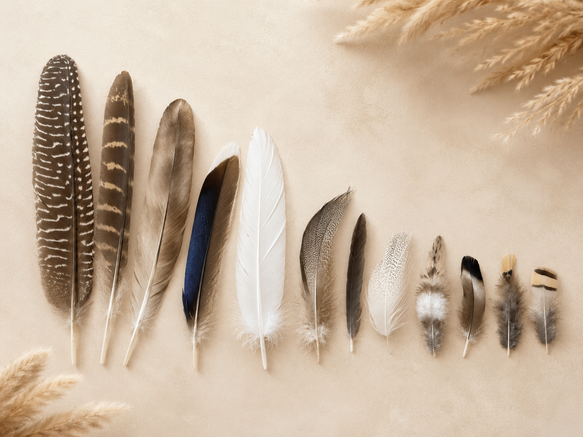 Natural western hat feathers arranged from longest to shortest on a warm neutral background