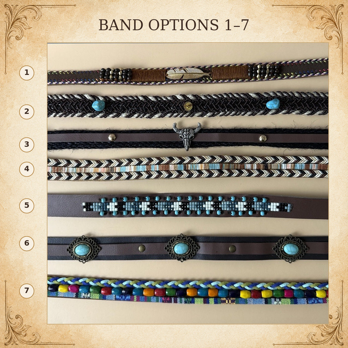 Numbered western hat band choices 1 through 7