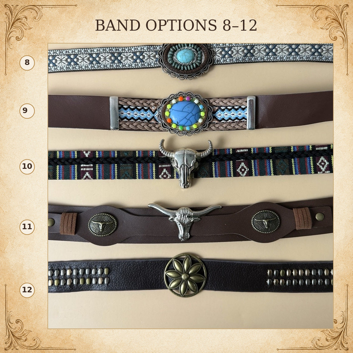 Numbered western hat band choices 8 through 12