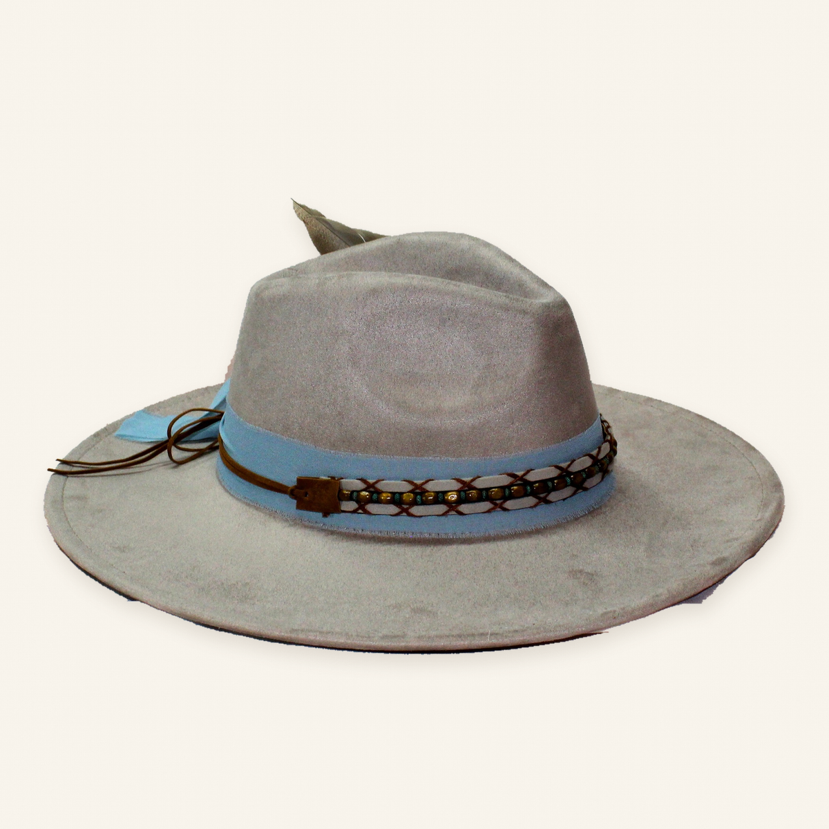 Original stone gray finished hat with blue ribbon, brown leather lattice and beaded band