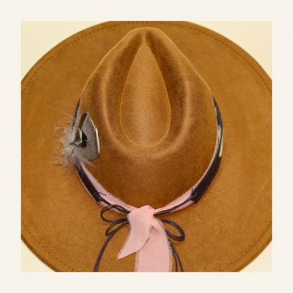 Original top-down khaki hat detail with blush frayed ribbon, leather bow and short natural feathers