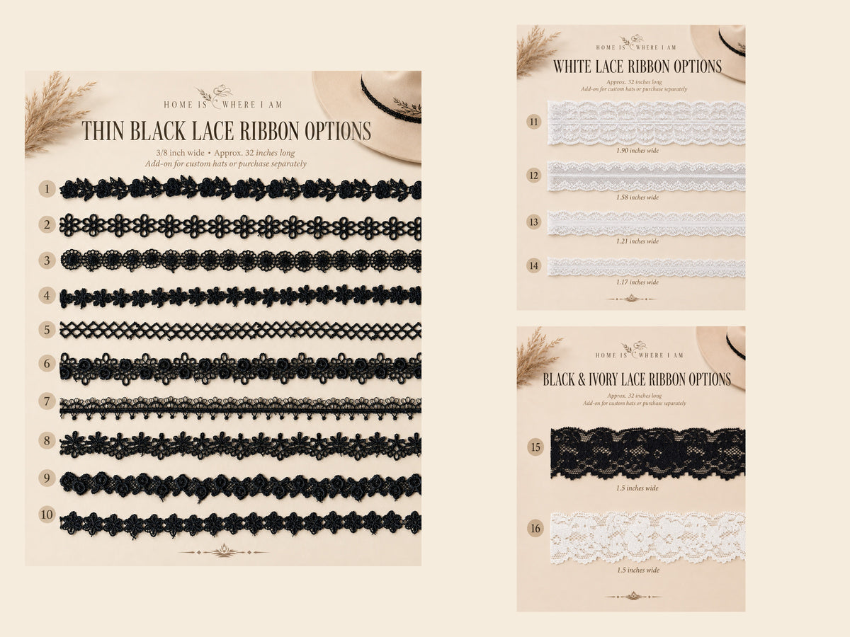 Lace ribbon options 1 through 16 for western hat add-ons or separate purchase