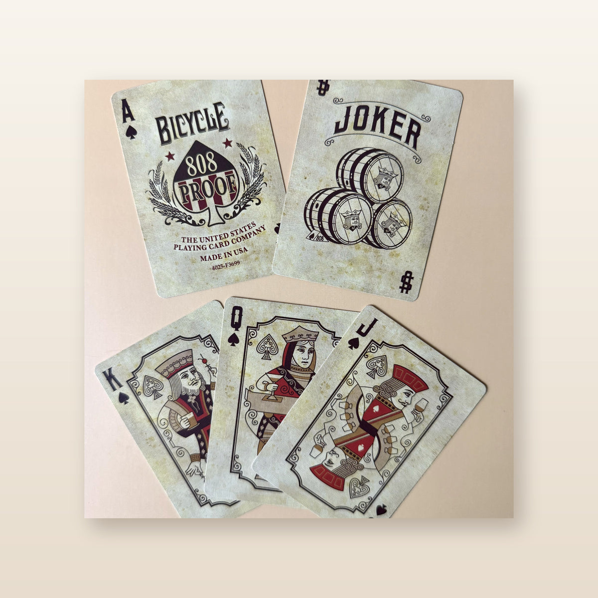 Beautified catalog view of exact Vintage 808 playing card options with whiskey-inspired artwork and classic face cards