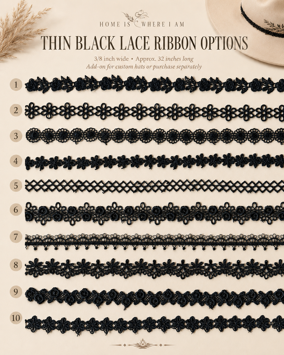 Thin black lace ribbon options 1 through 10