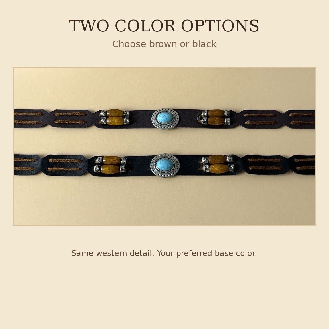 Turquoise western hat band shown in brown and dark color options