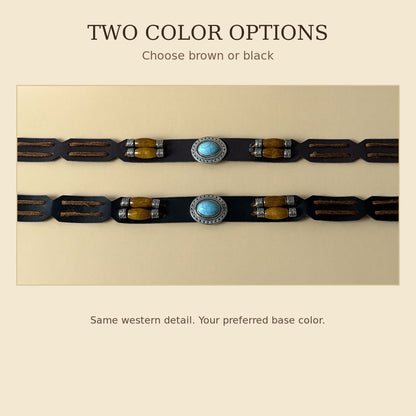 Turquoise western hat band shown in brown and dark color options
