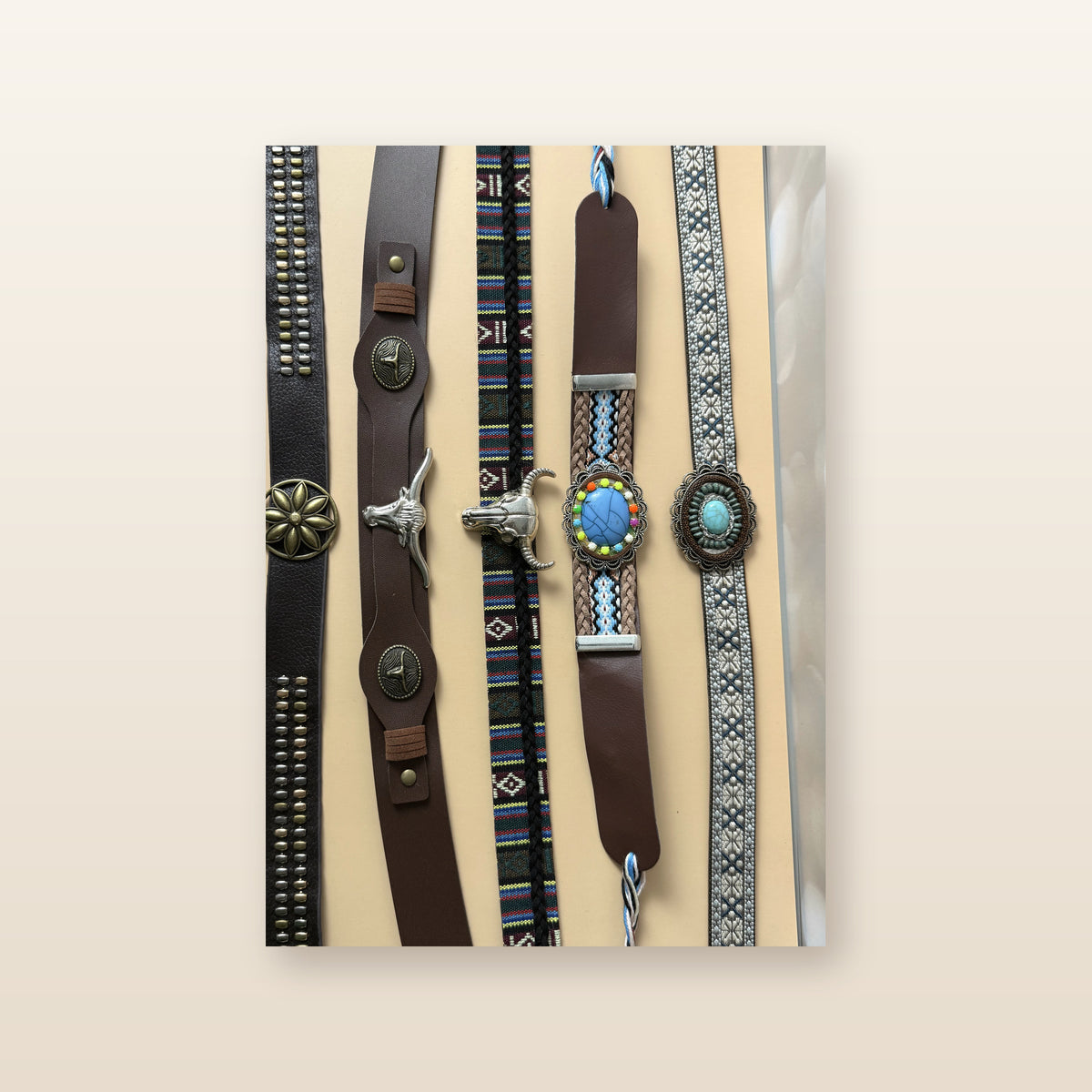 Beautified catalog presentation of the exact black, brown, turquoise, beaded and bull skull western hat bands