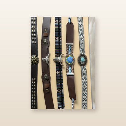 Beautified catalog presentation of the exact black, brown, turquoise, beaded and bull skull western hat bands