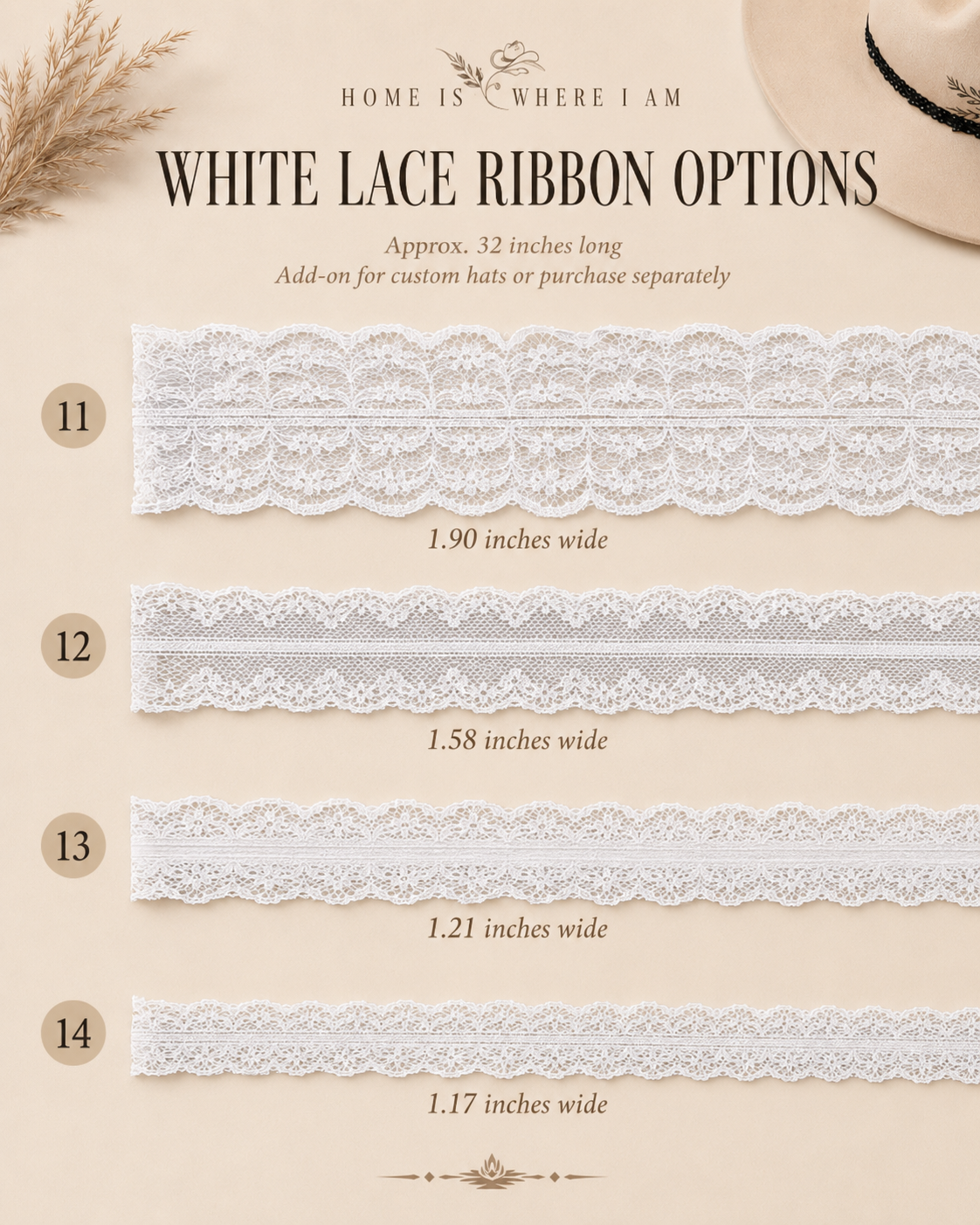 White lace ribbon options 11 through 14 with widths
