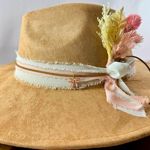 Pink enamel bow western hat charm with gold accents