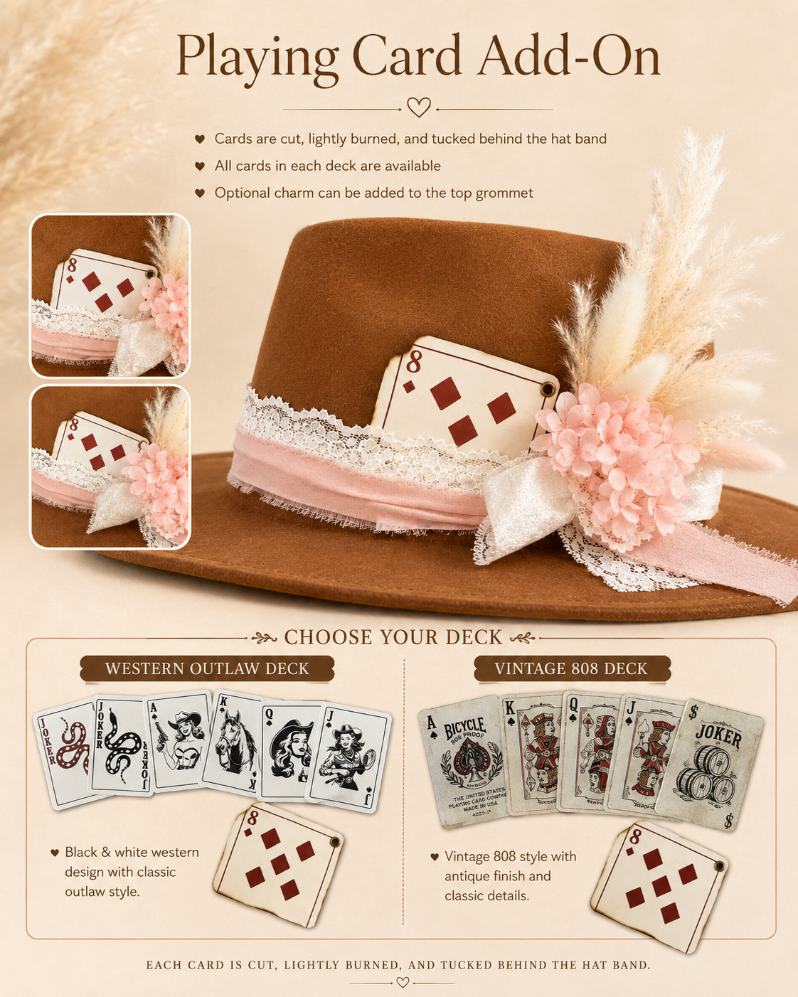Playing card hat add-on guide with two deck options and card tucked behind a flat brim western hat band