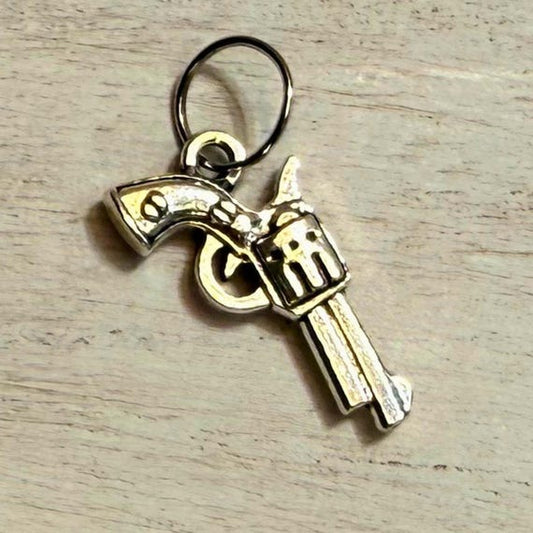 Silver tone revolver western hat charm