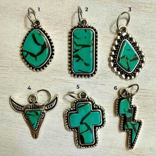 Turquoise western bull skull cross teardrop diamond and lightning bolt charms